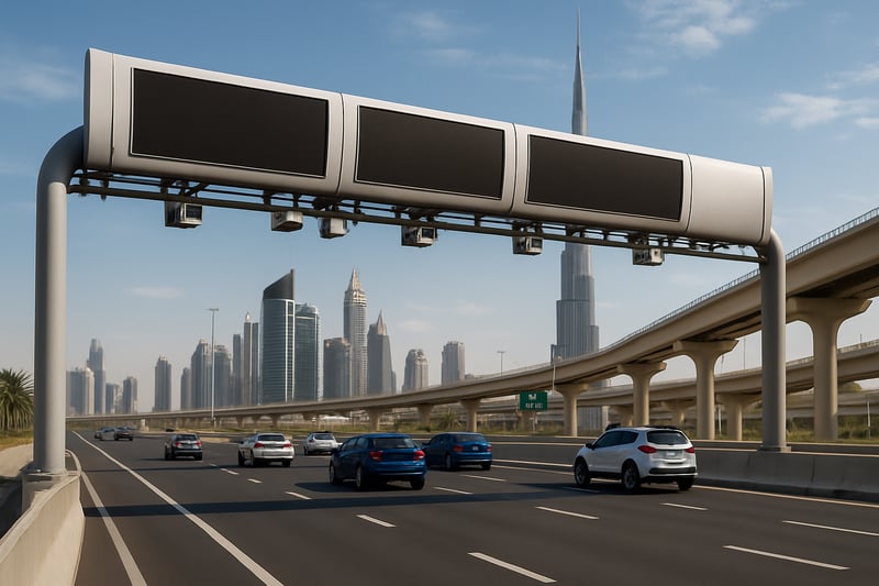 Modern Dubai highway with electronic toll gantry